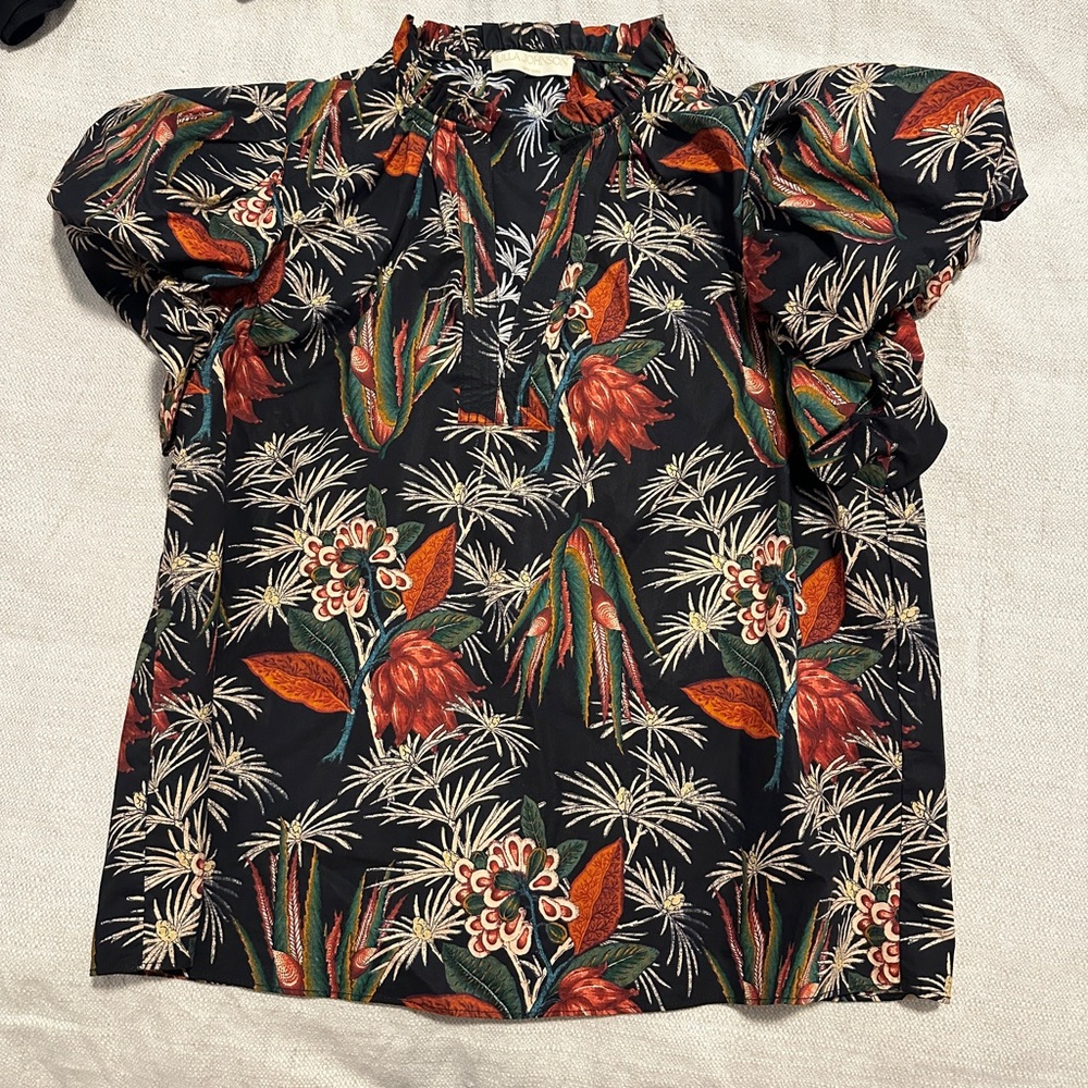 Ulla Johnson cotton Navy and Orange Ruffled Cap Sleeve Blouse